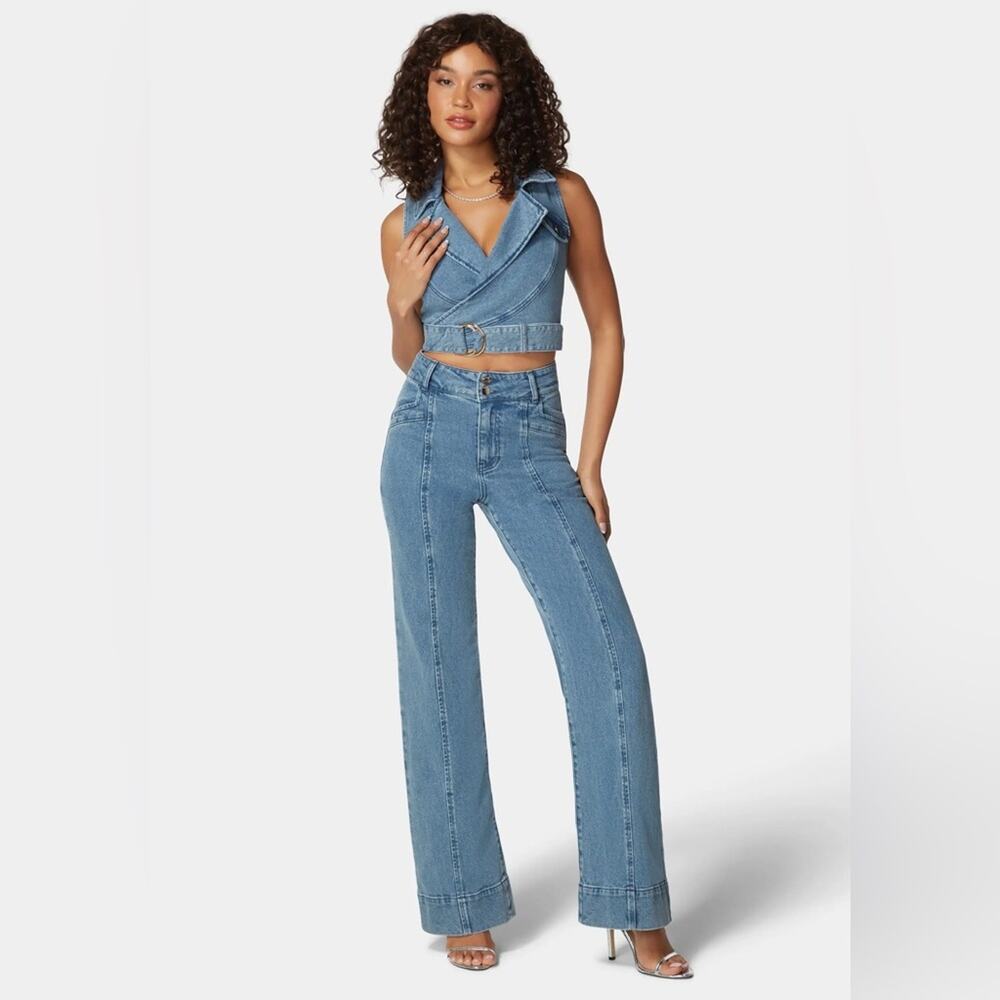 NWT Bebe High a waist Seam Detail Ultra Wide Leg Jeans Medium Blue Wash size 31